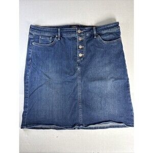 NYDJ Button Front Blue Denim Skirt Sz 14 Lift & Tuck Stretch Knee Length Pockets